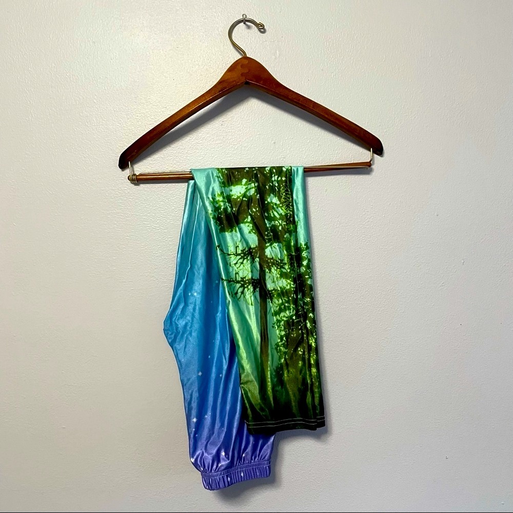 Graphic Leggings with Stars and Trees Blue Green - Burning Man Festival